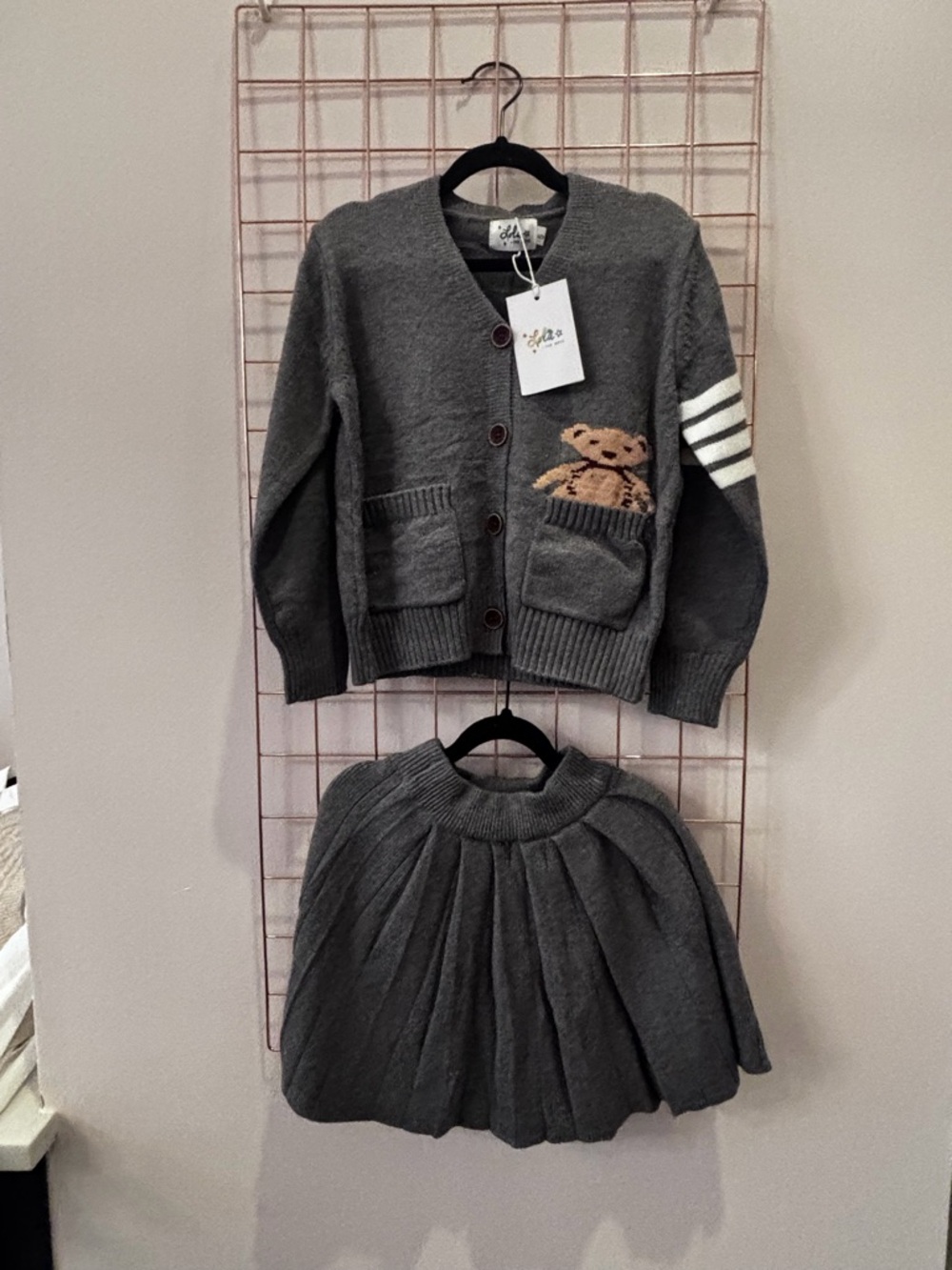 Lola and the Boys Gray Cardigan and Skirt Set with Bear Accent